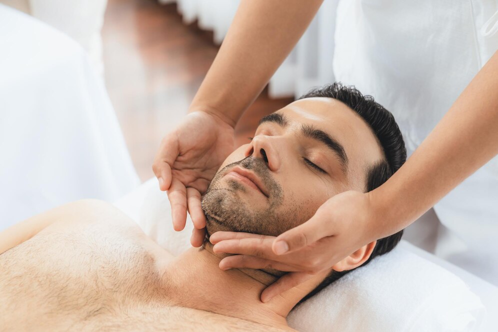 caucasian man enjoying relaxing antistress head massage quiescent 31965 436053